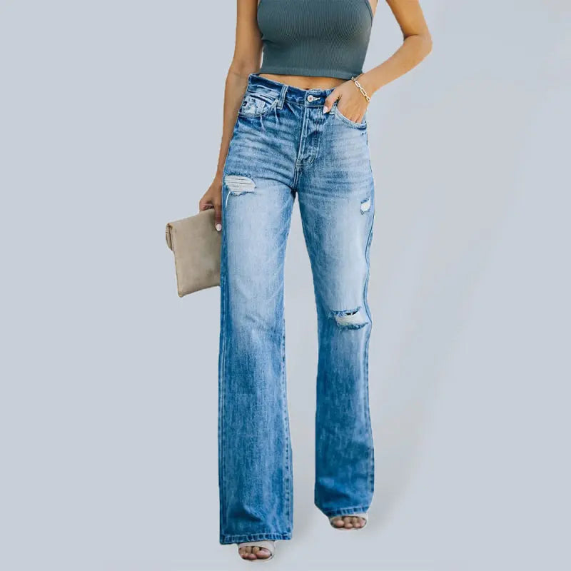 Blue Zone Planet |  Wash ripped wide leg pants denim trousers BLUE ZONE PLANET