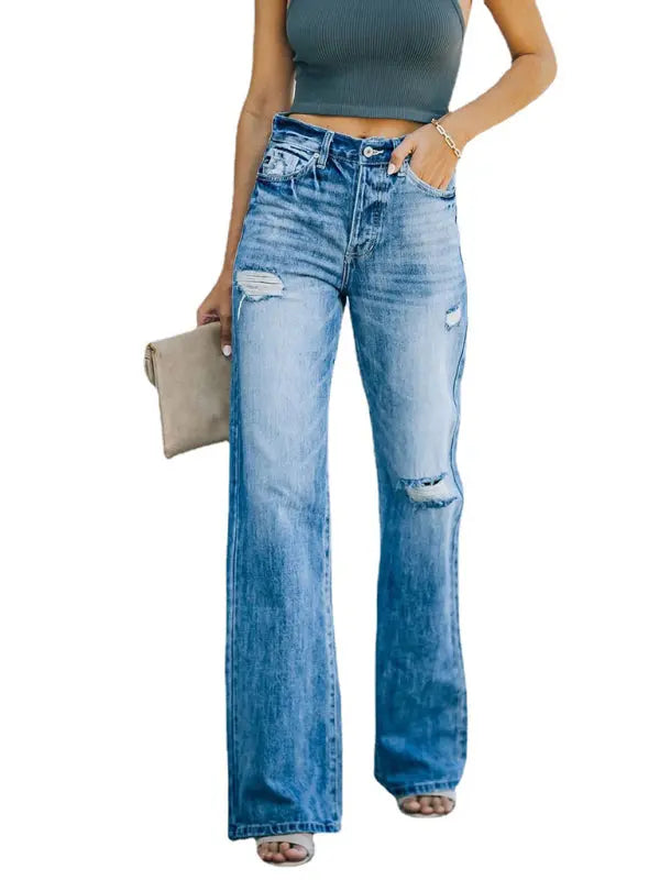 Blue Zone Planet |  Wash ripped wide leg pants denim trousers BLUE ZONE PLANET