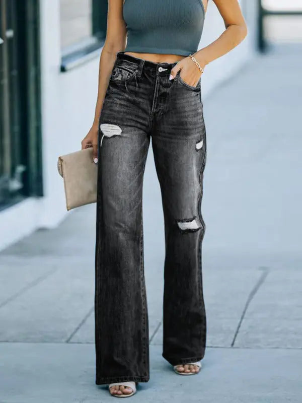 Blue Zone Planet | Washed Ripped Wide Leg Jeans BLUE ZONE PLANET