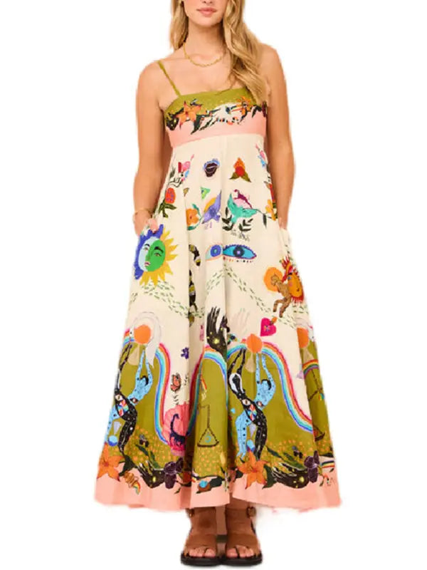 Blue Zone Planet |  Women's New Sexy Cotton and Linen Suspender Graffiti Print Sleeveless Swing Dress BLUE ZONE PLANET