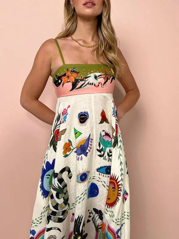 Laura's Boho Print Strappy Sleeveless Swing Maxi Linen Dress