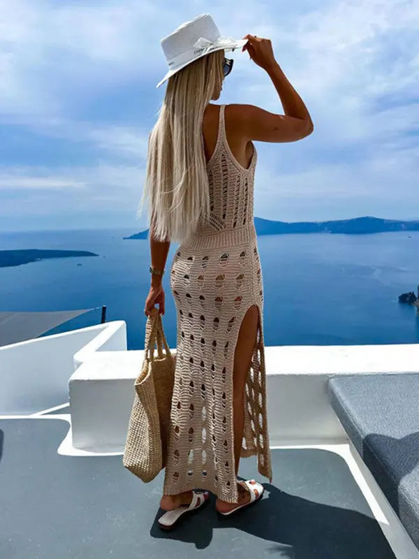 Blue Zone Planet |  Women's new style knitted hollow solid color slim sexy V-neck slit dress BLUE ZONE PLANET