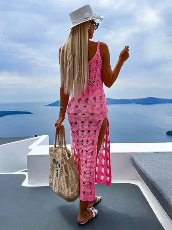 Blue Zone Planet |  Women's new style knitted hollow solid color slim sexy V-neck slit dress BLUE ZONE PLANET