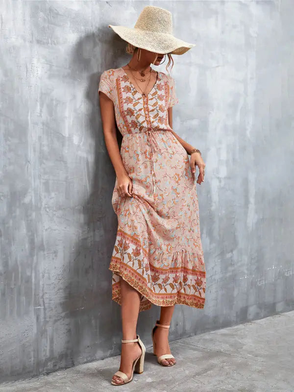 Blue Zone Planet |  Woven V-Neck Long Bohemian Dress BLUE ZONE PLANET
