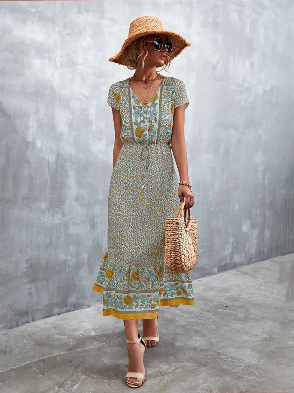 Blue Zone Planet |  Woven V-Neck Long Bohemian Dress BLUE ZONE PLANET