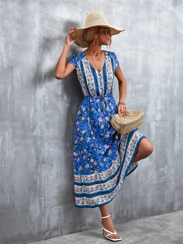 Blue Zone Planet |  Woven V-Neck Long Bohemian Dress BLUE ZONE PLANET