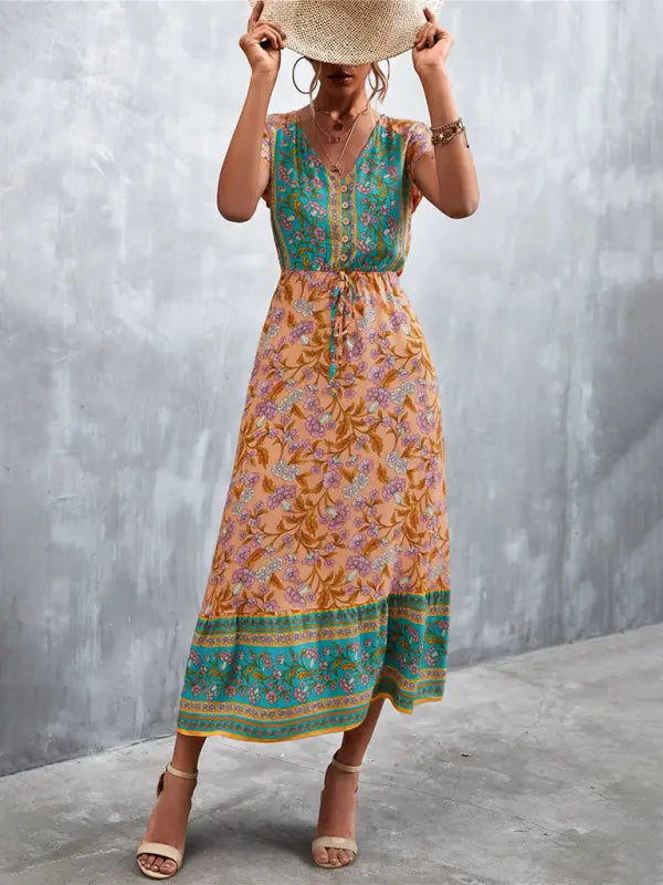 Blue Zone Planet |  Woven V-Neck Long Bohemian Dress BLUE ZONE PLANET