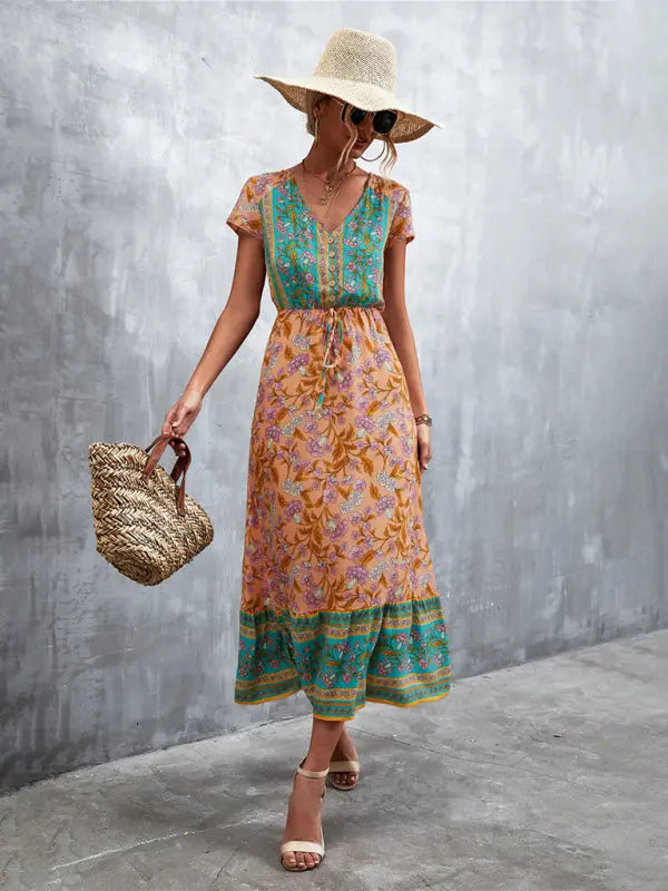 Blue Zone Planet |  Woven V-Neck Long Bohemian Dress BLUE ZONE PLANET