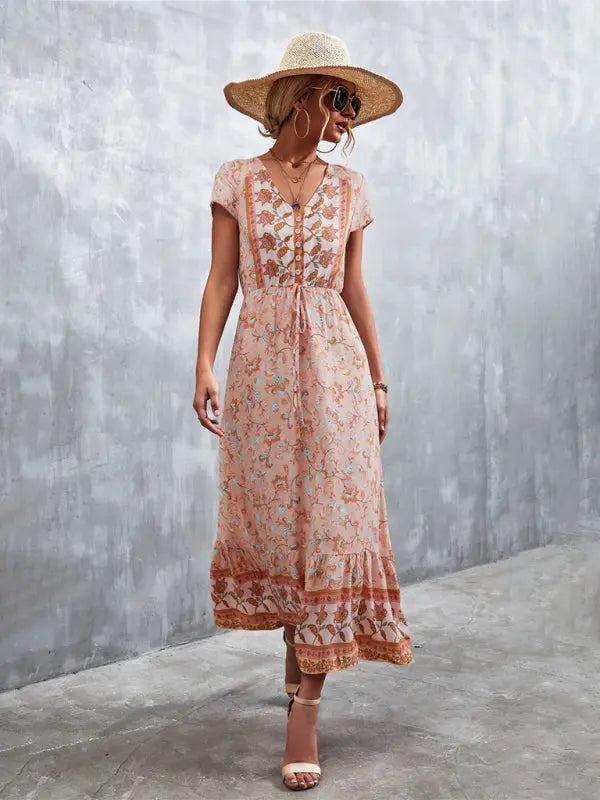 Blue Zone Planet |  Woven V-Neck Long Bohemian Dress BLUE ZONE PLANET