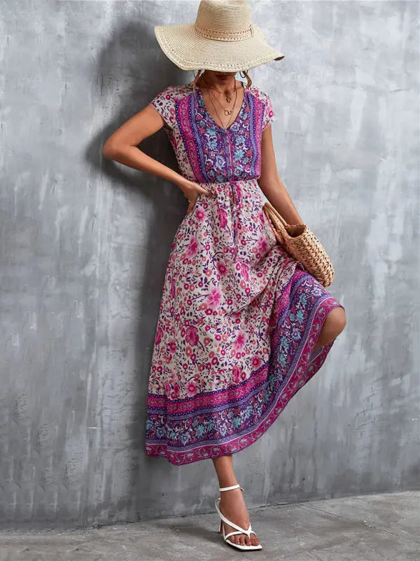 Blue Zone Planet |  Woven V-Neck Long Bohemian Dress BLUE ZONE PLANET