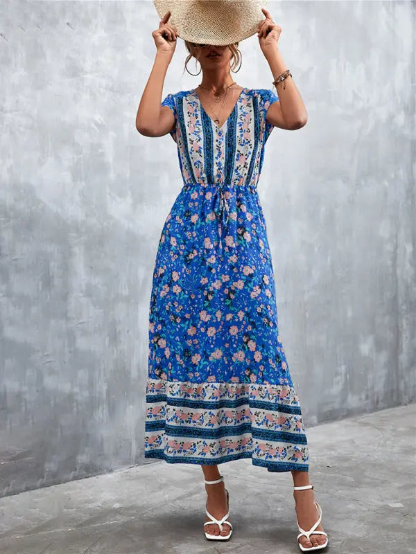 Blue Zone Planet |  Woven V-Neck Long Bohemian Dress BLUE ZONE PLANET