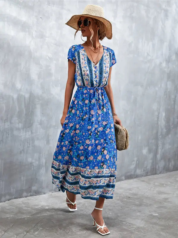 Blue Zone Planet |  Woven V-Neck Long Bohemian Dress BLUE ZONE PLANET