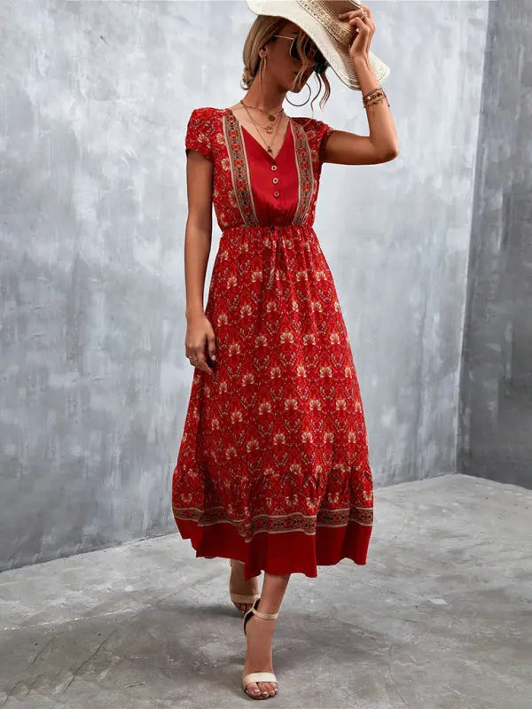 Blue Zone Planet |  Woven V-Neck Long Bohemian Dress BLUE ZONE PLANET