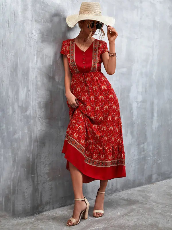 Blue Zone Planet |  Woven V-Neck Long Bohemian Dress BLUE ZONE PLANET