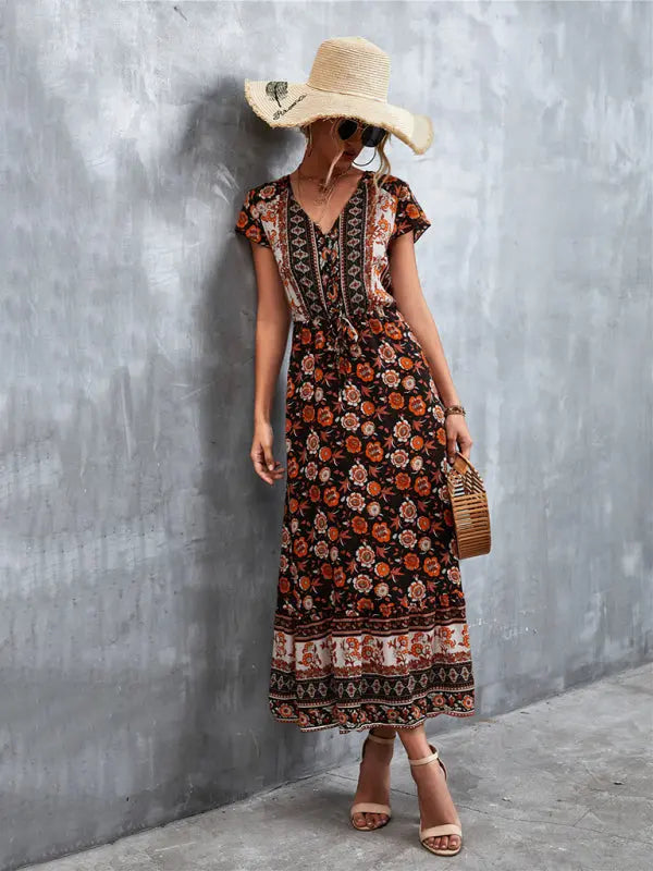 Blue Zone Planet |  Woven V-Neck Long Bohemian Dress BLUE ZONE PLANET