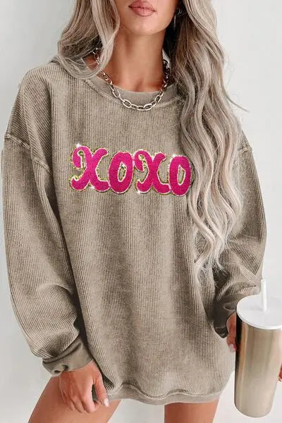 Blue Zone Planet |  XOXO Sequin Round Neck Dropped Shoulder Sweatshirt BLUE ZONE PLANET