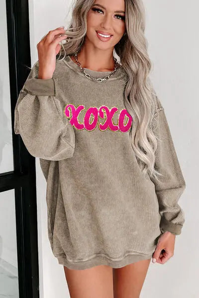 Blue Zone Planet |  XOXO Sequin Round Neck Dropped Shoulder Sweatshirt BLUE ZONE PLANET