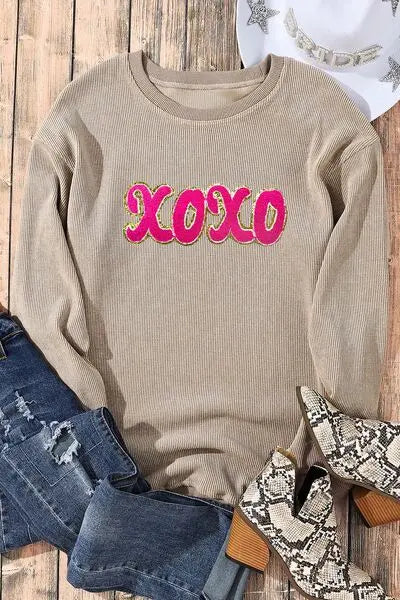 Blue Zone Planet |  XOXO Sequin Round Neck Dropped Shoulder Sweatshirt BLUE ZONE PLANET