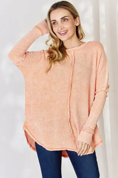 Blue Zone Planet |  Zenana Oversized Washed Waffle Long Sleeve Top BLUE ZONE PLANET