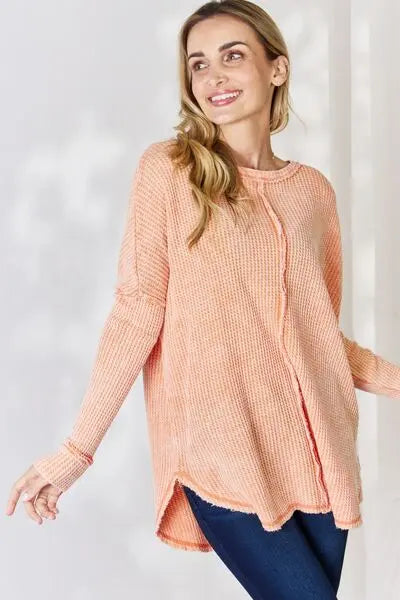 Blue Zone Planet |  Zenana Oversized Washed Waffle Long Sleeve Top BLUE ZONE PLANET
