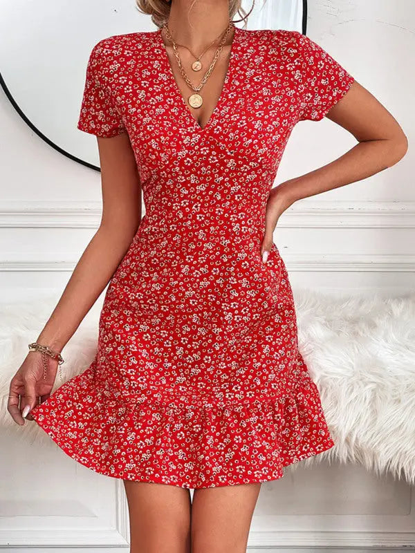Blue Zone Planet |  Zoe's Woven V-Neck Ditsy Print Short Sleeve Mini Dress BLUE ZONE PLANET