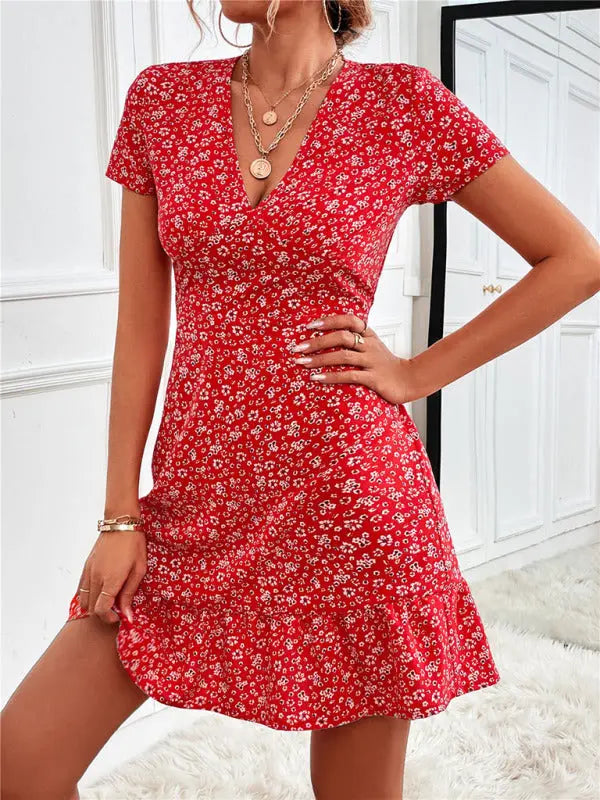 Blue Zone Planet |  Zoe's Woven V-Neck Ditsy Print Short Sleeve Mini Dress BLUE ZONE PLANET