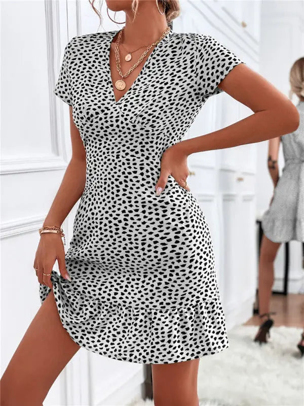 Blue Zone Planet |  Zoe's Woven V-Neck Ditsy Print Short Sleeve Mini Dress BLUE ZONE PLANET