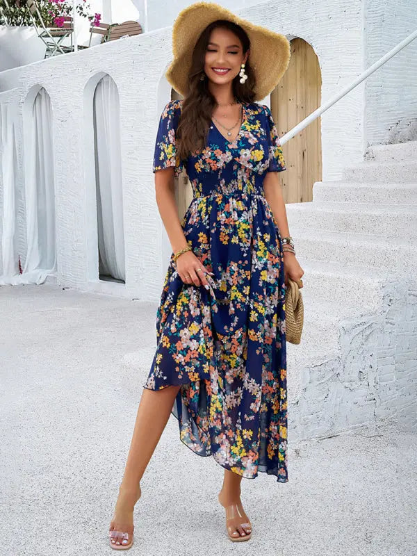 Blue Zone Planet |  elegant printed waist-cinching short-sleeved dress BLUE ZONE PLANET