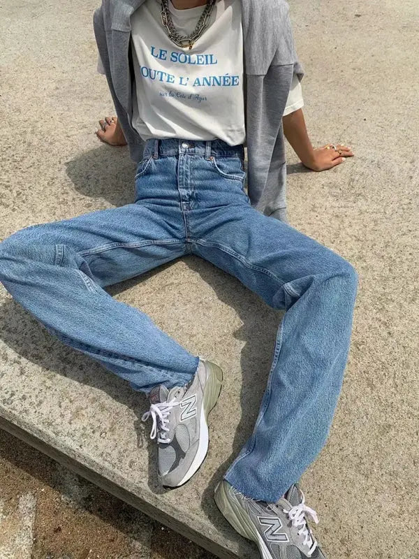 Blue Zone Planet | high-waist floor-length loose slimming straight wide-leg jeans BLUE ZONE PLANET