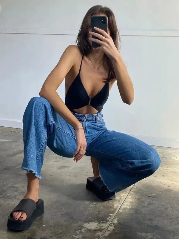 Blue Zone Planet | high-waist floor-length loose slimming straight wide-leg jeans BLUE ZONE PLANET