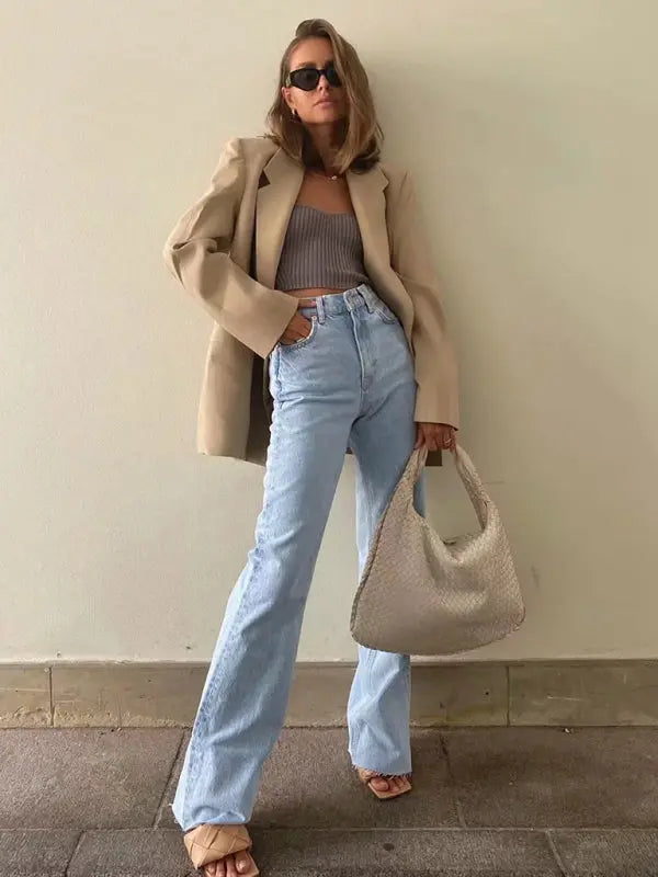 Blue Zone Planet | high-waist floor-length loose slimming straight wide-leg jeans BLUE ZONE PLANET