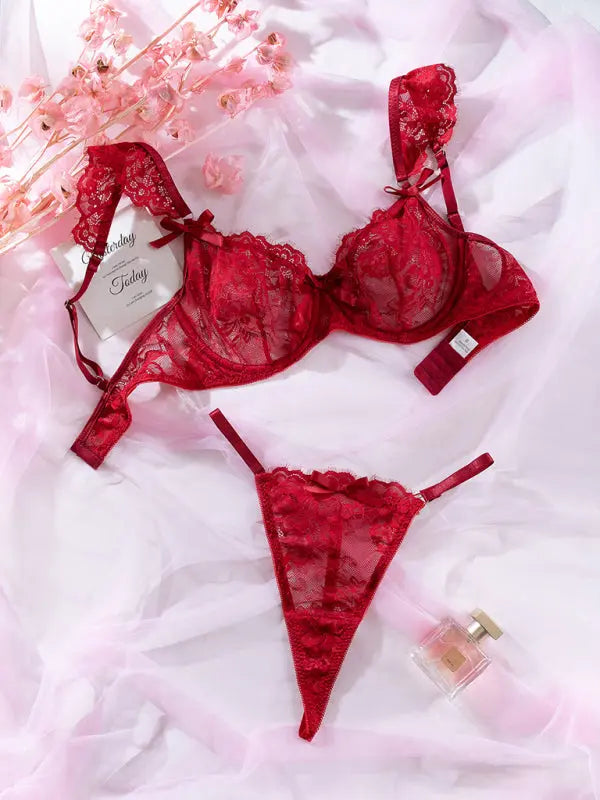 Blue Zone Planet | lace ruffle sleeves bow lingerie set BLUE ZONE PLANET