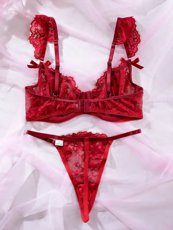Blue Zone Planet | lace ruffle sleeves bow lingerie set BLUE ZONE PLANET