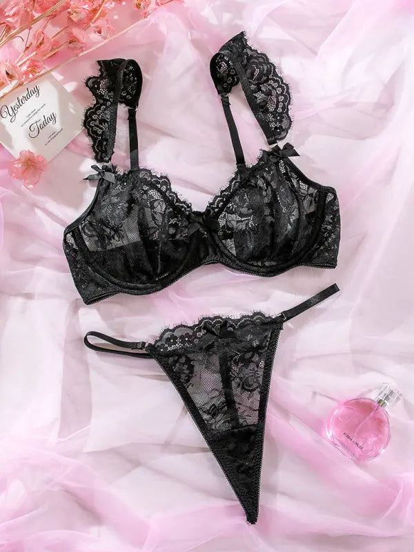 Blue Zone Planet | lace ruffle sleeves bow lingerie set BLUE ZONE PLANET