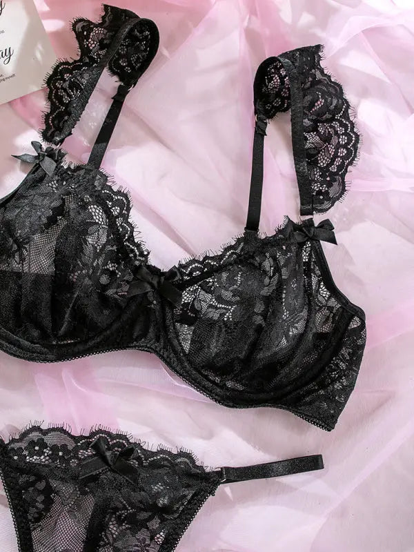 Blue Zone Planet | lace ruffle sleeves bow lingerie set BLUE ZONE PLANET