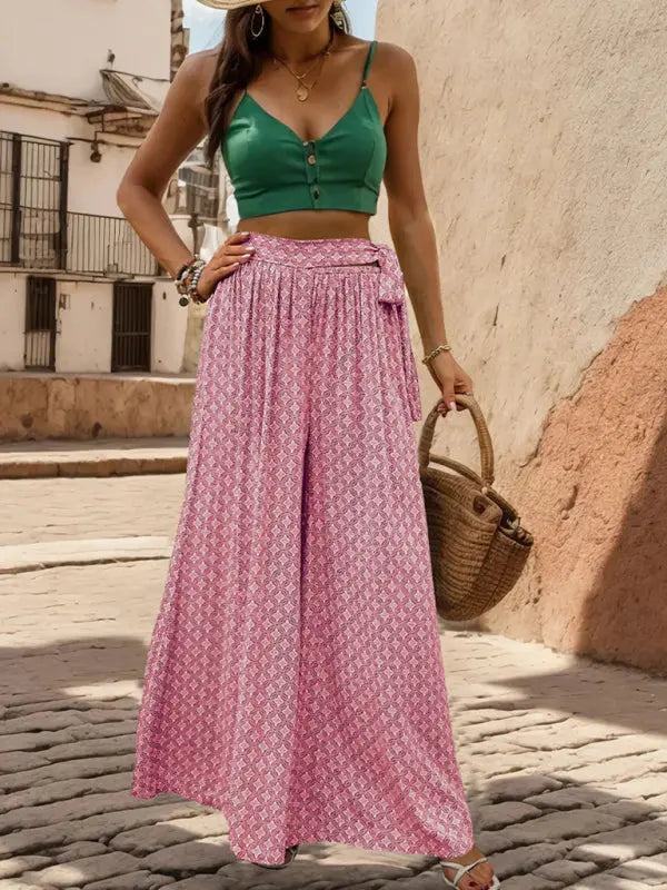 Blue Zone Planet |  lace-up high-waisted printed wide-leg trousers BLUE ZONE PLANET