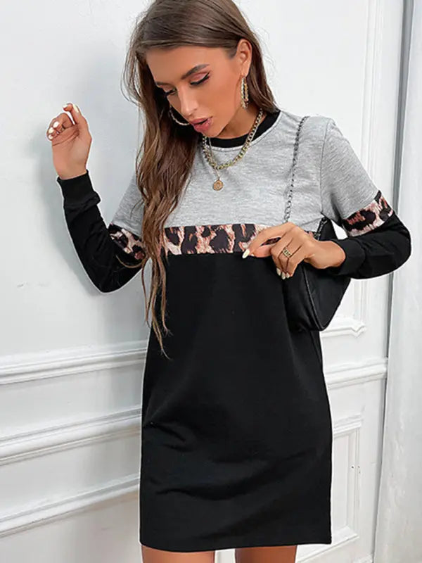Blue Zone Planet | long sleeve sweater dress with leopard print accent BLUE ZONE PLANET