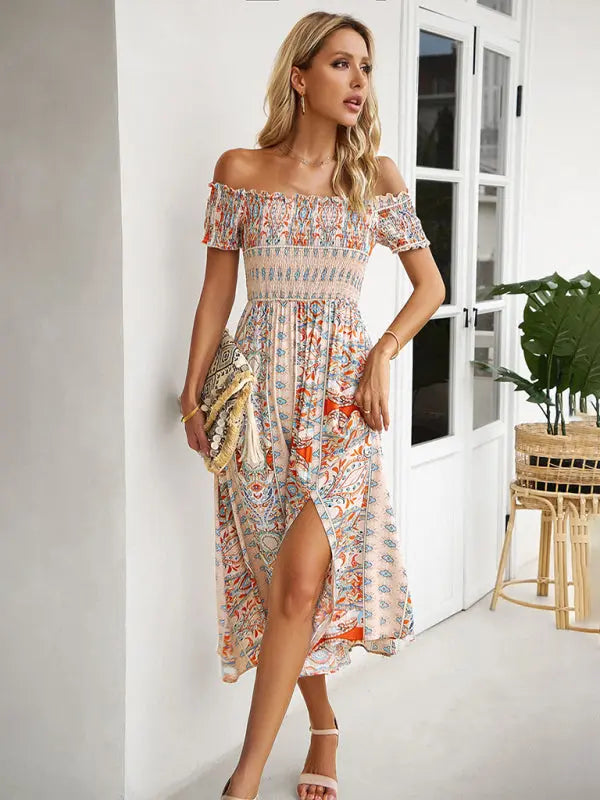 Blue Zone Planet |  one-shoulder bohemian slit dress BLUE ZONE PLANET