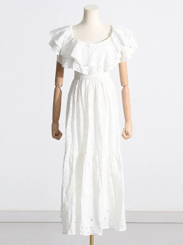 Blue Zone Planet |  one-shoulder ruffles hollow embroidery printed front slit dress BLUE ZONE PLANET