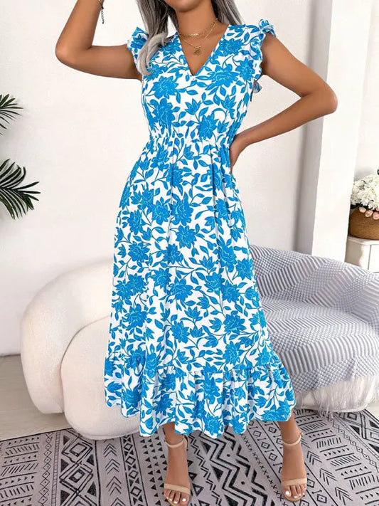 Blue Zone Planet |  printed V-neck floral waistband holiday dress BLUE ZONE PLANET