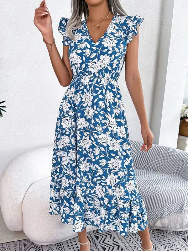 Blue Zone Planet |  printed V-neck floral waistband holiday dress BLUE ZONE PLANET