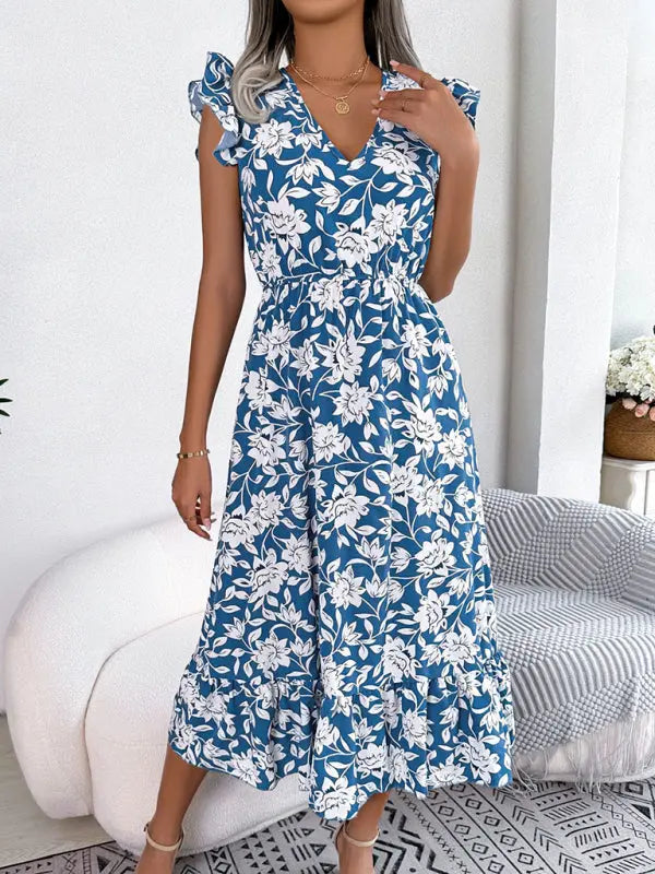 Blue Zone Planet |  printed V-neck floral waistband holiday dress BLUE ZONE PLANET