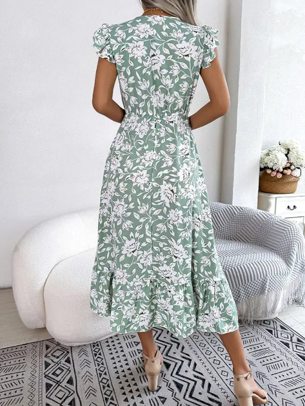 Blue Zone Planet |  printed V-neck floral waistband holiday dress BLUE ZONE PLANET