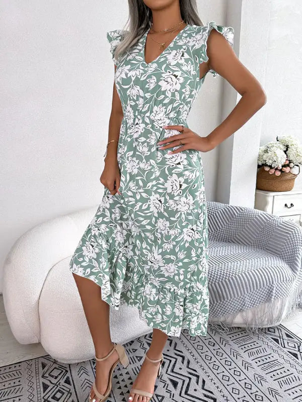 Blue Zone Planet |  printed V-neck floral waistband holiday dress BLUE ZONE PLANET