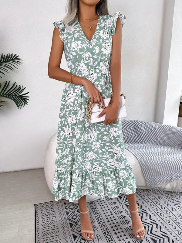Blue Zone Planet |  printed V-neck floral waistband holiday dress BLUE ZONE PLANET