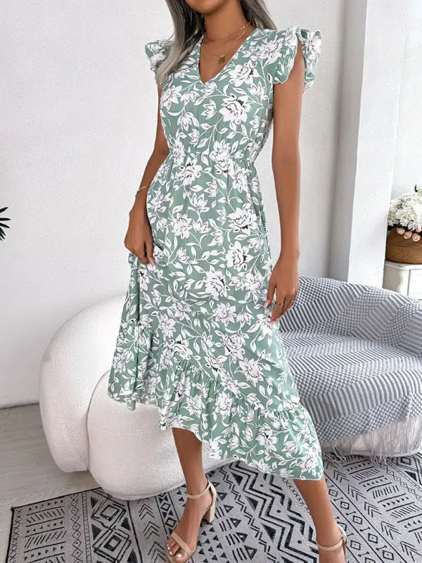 Blue Zone Planet |  printed V-neck floral waistband holiday dress BLUE ZONE PLANET