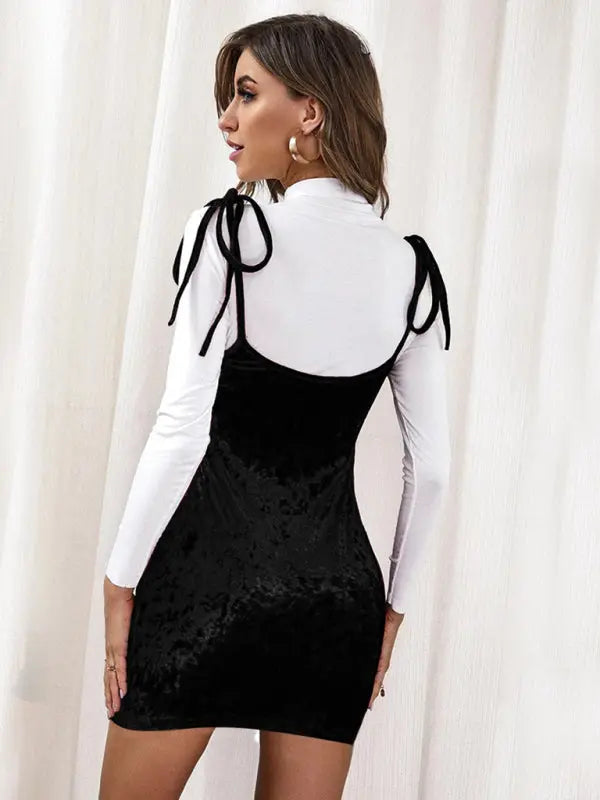 Blue Zone Planet | slit bow velvet spaghetti strap dress with hip-hugging skirt (excluding white inner top) BLUE ZONE PLANET