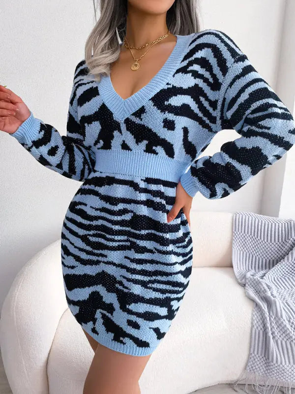 Blue Zone Planet |  tiger pattern Lantern Sleeve waist closed wool dress BLUE ZONE PLANET