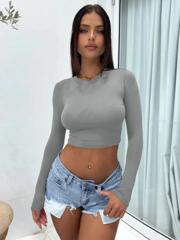 Blue Zone Planet |  tight-fitting navel-baring hot girl outfit super short long-sleeved T-shirt BLUE ZONE PLANET