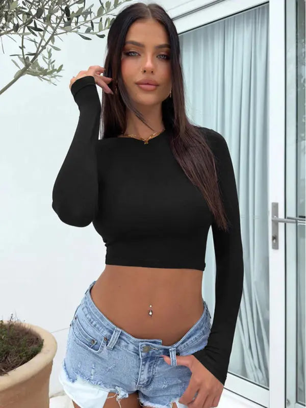 Blue Zone Planet |  tight-fitting navel-baring hot girl outfit super short long-sleeved T-shirt BLUE ZONE PLANET